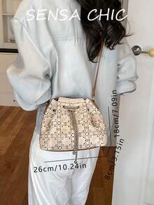 Beige Grid Stitched Mini Bucket Bag, Brown Leather Top Handle Silver Chain Drawstring Closure Soft Faux Suede Handbag For Daily Outings - Beige - View 4