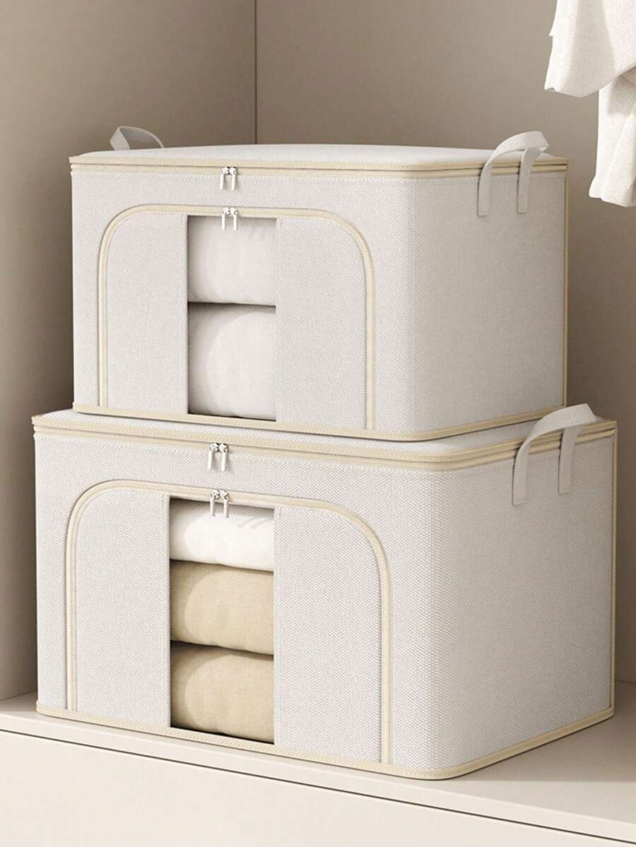 1pc Beige Foldable Clothes Storage Bag With Transparent Window, Smooth Two-Way Zipper And Sturdy Handle, Extra Large Capacity For Sweaters, Coats And Bedding, Portable Packing Bag For Moving, College Dorm And Road Trips - White - View 1