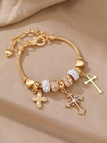 1 pieza Pulsera de niña con corazón dorado y cuentas de strass para decoración diaria - Multicolor - Ver 12