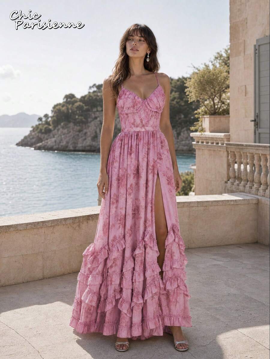 Pink Purple Floral Chiffon V-Neck Backless Tiered A-Line Maxi Dress - 粉紅紫 - 查看 1