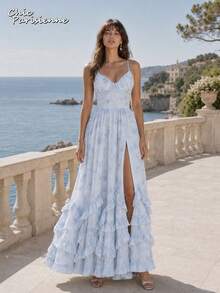 Sky Blue Floral Chiffon V-Neck Backless Tiered A-Line Maxi Dress - 天藍色 - 查看 3