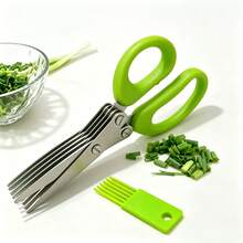 1pc 5-Layer Stainless Steel Scallion Scissors, Multi-Function Kitchen Shears With Cleaning Brush, Home Use Vegetable, Seaweed, Baby Food Scissors - Green - View 10