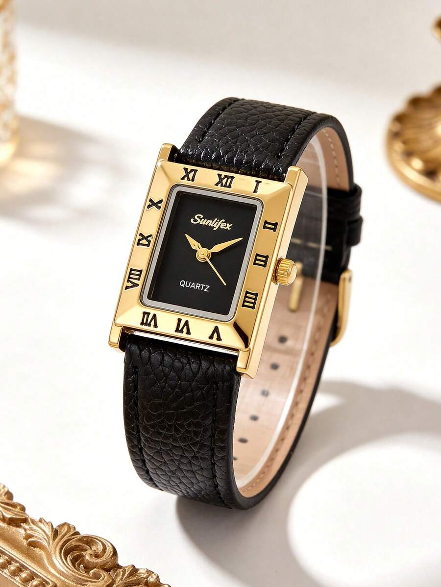 1 PC Retro Frame Roman Scale Rectangular Women's Jewelry Quartz Watch, Matte Black Small Dial, Gold Alloy Case, PU Strap Cool Commuter Women's Watch - Black - View 1