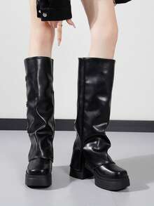 3-Buckle Ruched Stacked Thick Sole Chunky Heel Knee-High Boots, Plus Size Women's Y2K Nightclub Sweet & Cool Style - Black - View 5