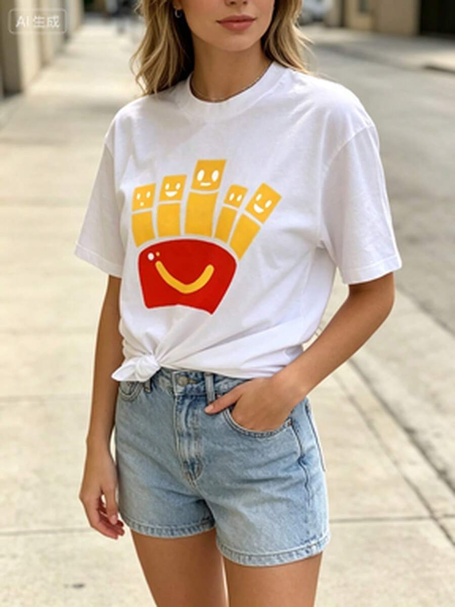 Unisex Oversized Round Neck Cute Face French Fries Box Cartoon Food Pattern Short Sleeve T Shirt,Available In Black And White Colors - 白色 - 查看 1