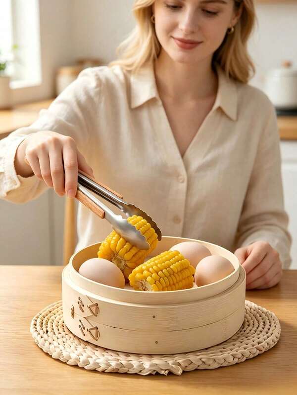 1 Set Bamboo Steamer, Double Layer Bamboo Steamer (15cm, 18cm, 21cm), Stackable Design, Suitable For Steaming Dumplings, Vegetables And Fish, Ensures Even Heat Distribution And Healthier Cooking