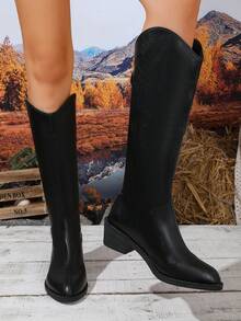 Women's Pointed Toe Fashion Black Knee-High Boots, Solid Color Commuter Boots For Outdoor Winter And Autumn - Black - View 4