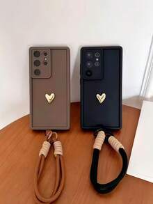 1pc Minimalist Luxury INS Black Phone Case With 3D Gold Heart Detachable Braided Wrist Strap, Premium Protective Shell For Girls, Compatible With Apple 11, 12, 13, 14, 15, 16, 17 Pro Max, Simple Dark Chic Style Designed For Women And Girls - Brown - View 2