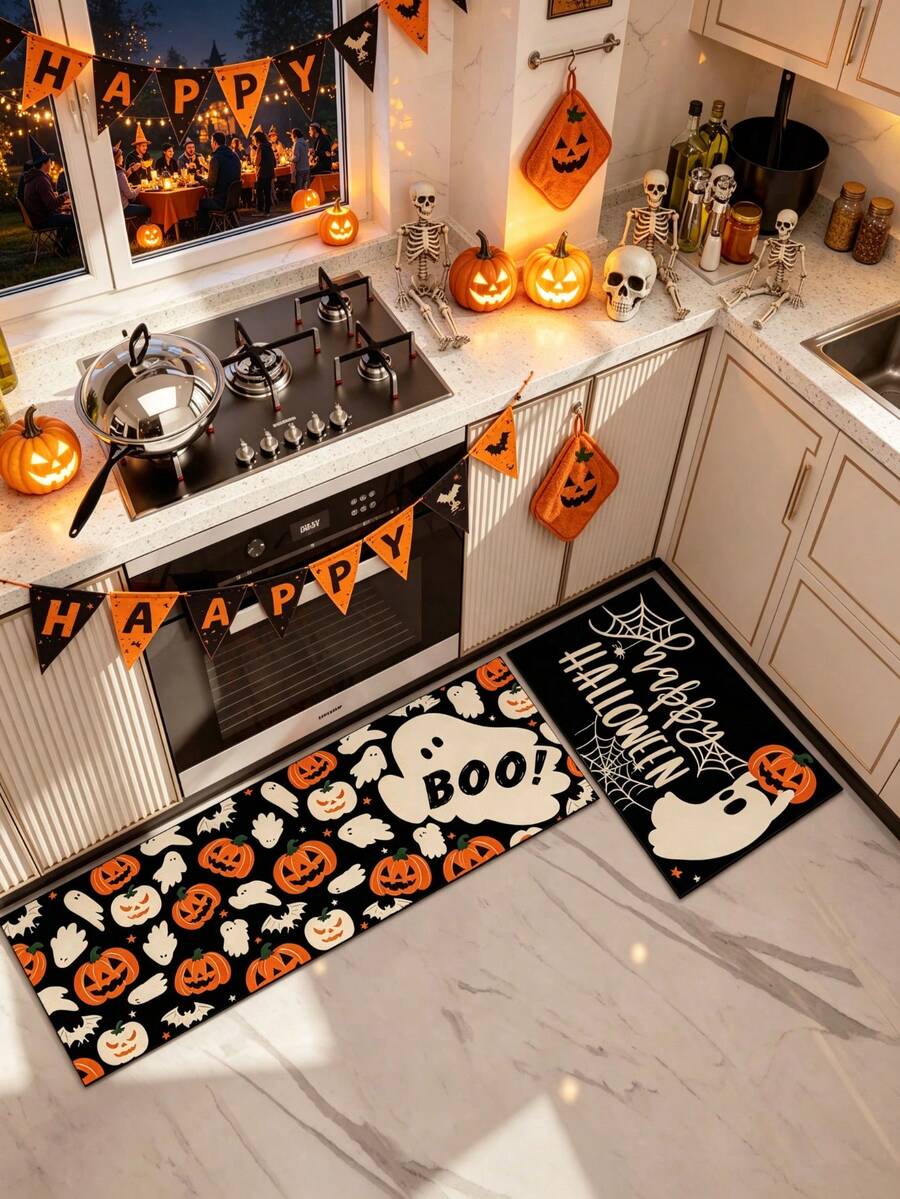 1/2pcs Halloween Kitchen Decor Rug, Halloween Cute Ghost Pumpkin Kitchen Rug And Mat, Non-Slip Washable Absorbent Kitchen Accessories Decor Mat, Best Halloween Party Decoration! - Multicolor - View 1