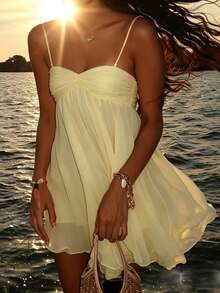 Women's Summer Vacation Style Ruffle Hem Short Camisole Dress - Light Yellow - View 2