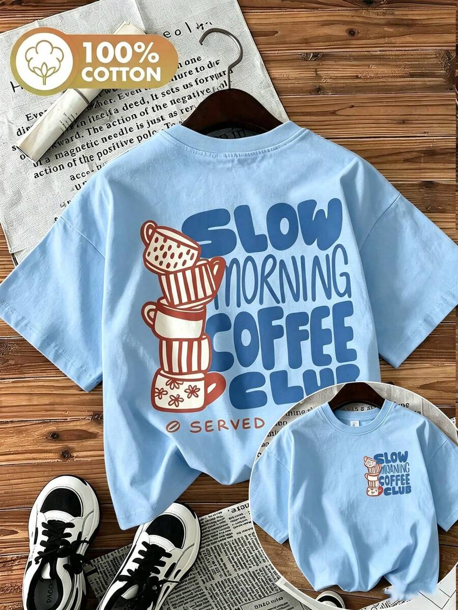 Women's Double-Sided Print Coffee Cup Tee, Hand-Painted Style "Slow Morning Coffee Club" Graphic, Round Neck Short Sleeve 100% Cotton Summer Top - 藍色 - 查看 1