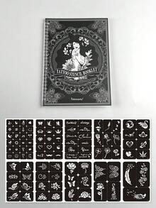 10張INS風鏤空紋身模板小冊，迷你符號、文字與花卉紋身模板貼紙，日常DIY身體彩繪與節日裝飾設計 - 黑色 - 查看 10
