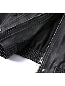 Premium Fashion Versatile Leather Jacket, Solid Color Zipper Leather Coat, College Style, Vacation, Daily Wear, Spring/Autumn - Black - View 4