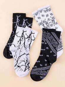 1/5/10 Pairs Black & White Retro Lightning Print Unisex Mid-Calf Socks, American Streetwear Breathable High-Elastic Skateboard Basketball Chunky Sneakers Slouch Socks - Black and White - View 4