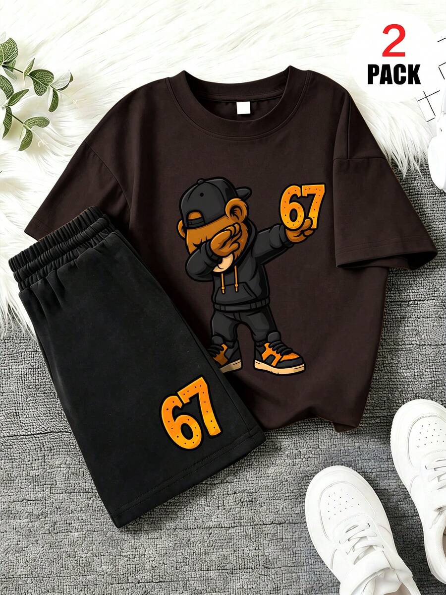 2pcs/Set Boys Outfit, Printed Cartoon Bear And Number 67 Pattern, Loose Short Sleeve Top + Sports Shorts, Comfortable And Soft, Suitable For Summer And Sports - Multicolor - View 1