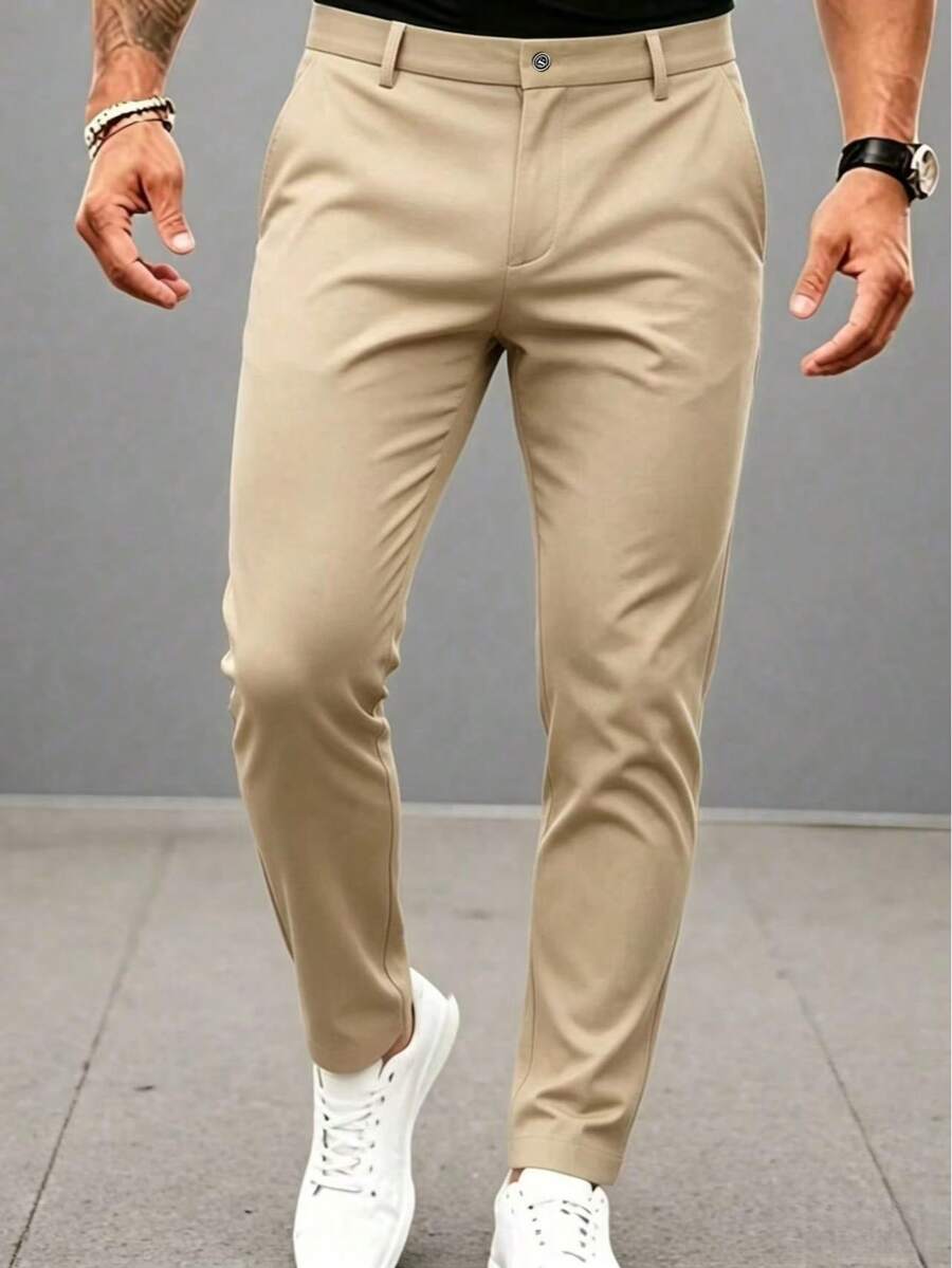 Men's Thin Summer Cargo Pants, Solid Color Commuter Casual Straight Leg Long Trousers, Belt Not Included - Khaki - View 1
