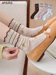 4 Pairs Women's Socks, Spring/Summer Comfortable Versatile Thin Style, Vintage Floral Double Ruffle Edge, Lightweight Breathable Versatile Slouchy College Style Mid-Calf Socks, Suitable For Students Daily Wear, Gatherings, Home Wear, Perfect Gift Choice - Multicolor - View 9