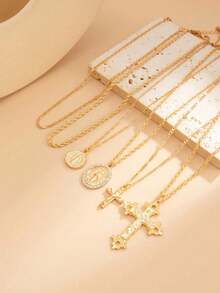 6pcs Fashion Metal Cross & Oval Portrait Pendant Gold Chain Layered Necklace Set, Delicate Design Necklace For Women, Suitable For Daily Wear, Outings, Travel And Holiday - Gold - View 3