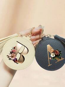 Floral Pattern Key Pouch, Multifunctional Earphone Bag, Data Bag, With Gold 26 Letters A-Z Pattern, Zipper Key Storage Bag, PU Faux Leather Organizer Bag, Zipper Bag, Car Key Storage Bag, Car Keychain, Portable Compact Key Pouch, Minimalist Design, Travel Accessory, Elegant Jewelry, Suitable For Home, Office, Travel, Car, Ideal Gift For Friends, Family, Couples Wedding, Mother's Day - Multicolor - View 5