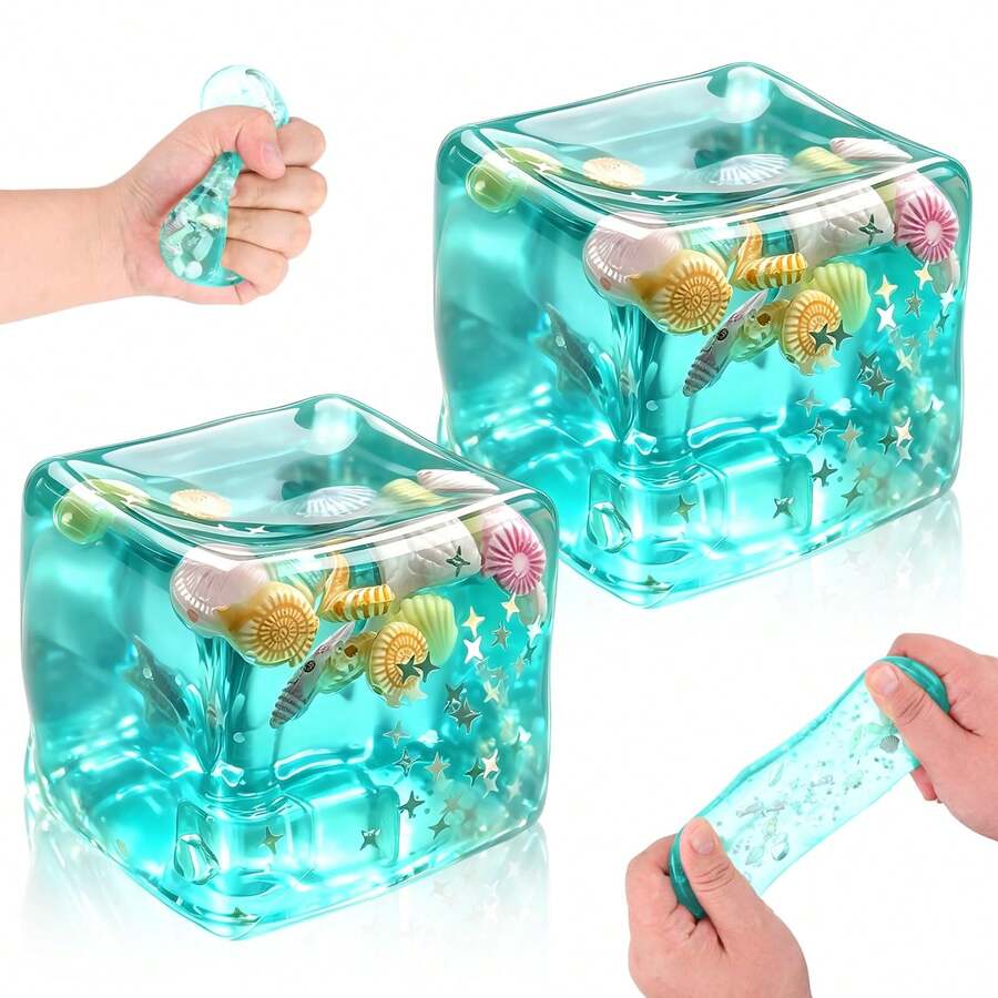 1pc Ice Cubes Stress Balls, Ice Cubes Marine Shells Squishies, Squeeze Ice Cube Marine Style Shells, Soft Slow Rise Squishy-Stress Relief Sensory Toy, Square Shape Squeeze Ball, For Adults - Multicolor - View 1