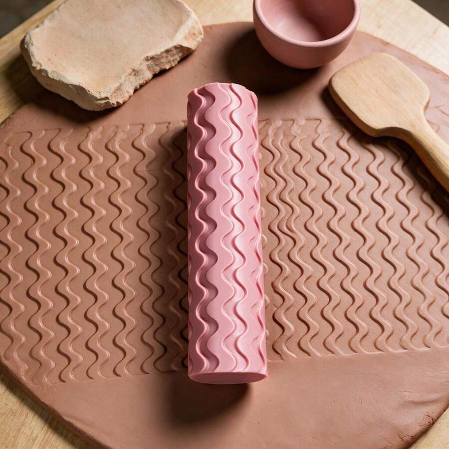 Bold Wave Pattern Clay Texture Roller – DIY Tool For Polymer, Fondant – PLA Build, Durable – 3D Striking Curves & Flowing Ridges – Deep Impressions, Non-Slip, Easy Clean – Ideal For Coastal Tiles, Dynamic Art, Beginners & Pros - Eye-catching Wavy Pink - View 1