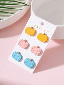 3 Pairs/Set Halloween Colorful Pumpkin Lacquer Texture Design Women's Fashion Stud Earrings Set, Perfect Gift For Holiday Party - Blue - View 2