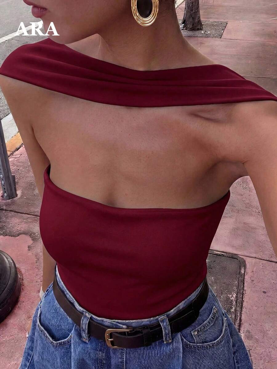 ARA CHIC 女款酒紅色法式露肩掛脖短版內搭上衣,精緻露背修身無袖上衣,適合約會穿著 - 酒紅色 - 查看 1