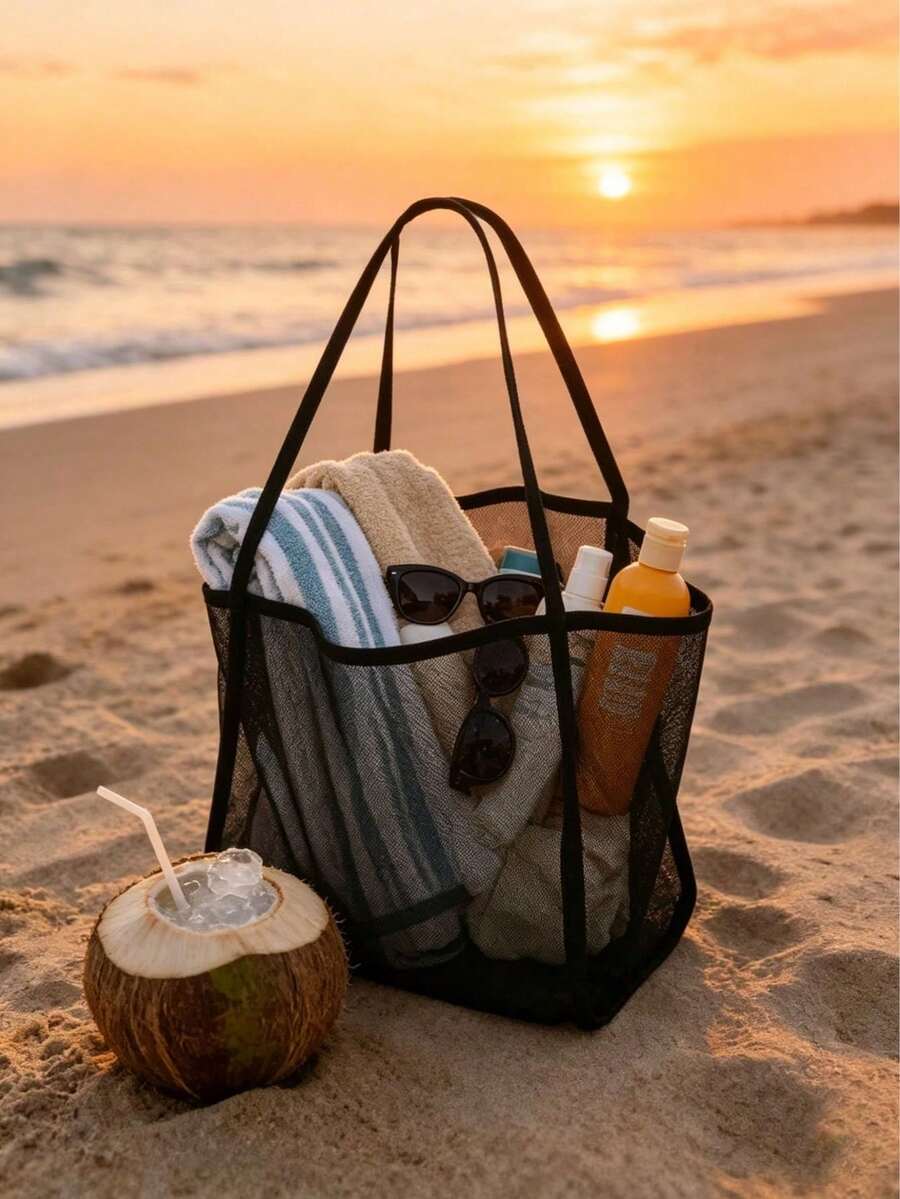 1pc Transparent Mesh Shoulder Bag, Fashionable Large Capacity Tote Bag, Beach Toy Bag, Foldable Beach Tote, Can Hold Shells, Clothes And Towels, Lightweight Mesh Material (Do Not Load Heavy Items, Cannot Be Used As Backpack Or Shopping Bag)