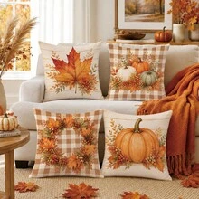 4pcs Minimalist Autumn Plaid Maple Leaf Pumpkin Berry Cushion Covers, Single-Sided Printed Peach Skin Velvet Polyester Material, 45*45/50*50CM Pillow Covers Suitable For Room Decor, Modern Minimalist Sofa Living Room Decoration, Gift Giving, Party Decoration - Multicolor - View 1