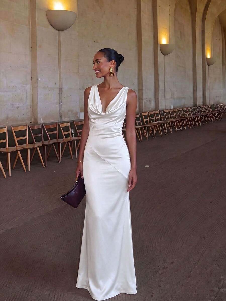 Romantic Party Satin Pleated Fitted Cowl Neck Dress For Date, Wedding, Formal Evening Event, Graduation Prom - White - View 1