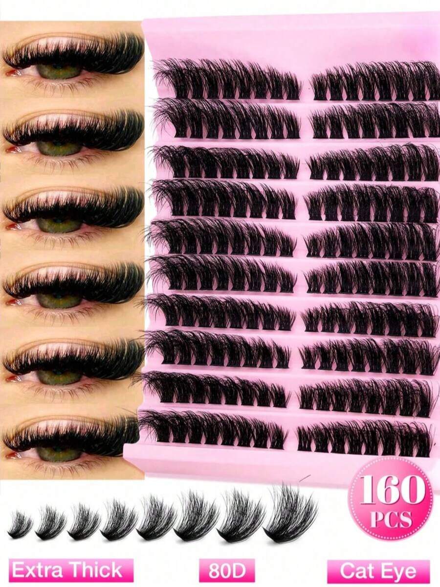 160pcs Personal Eyelash Clusters 80D D-Curl 8-16mm Eyelash Extension Set DIY Natural Lightweight Fluffy Faux Lashes For Beginners Home Daily Makeup Wedding Party Travel Music Festival Gift Set - D - View 1