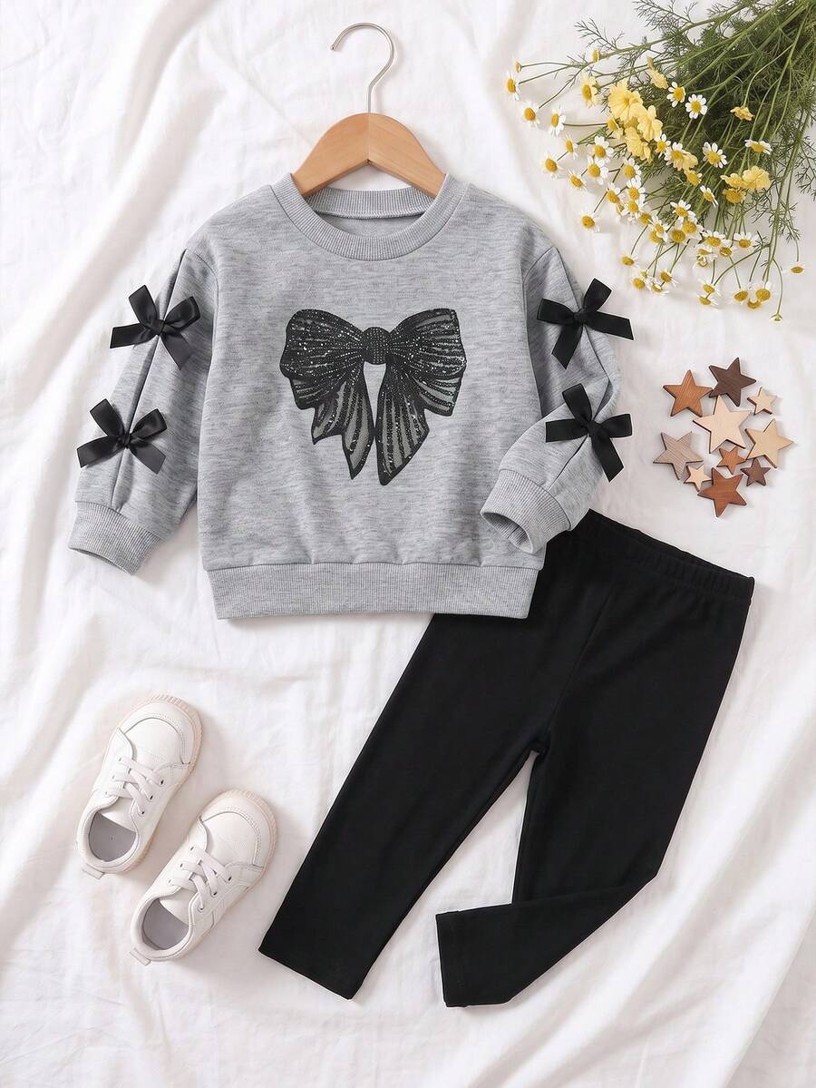 2pcs Baby Girl Autumn Faux Sequin Bow Print Long Sleeve Sweatshirt Slim Fit Solid Black Pants Bow Decor Children Spring Outfit - Grey - View 1