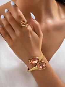 1pc Vintage Multi-Color Rhinestone Open Cuff Bracelet & Matching Ring, 2pcs Luxury Gold-Tone Set - Champagne - View 6