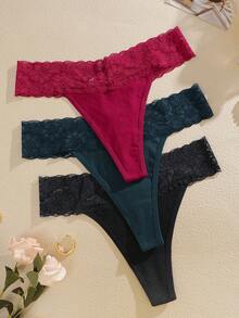 3pcs Women's Solid Color Lace Trim Patchwork Lightweight V-Waist Sexy Thong Panties, Size Runs Small - Multicolor - View 4