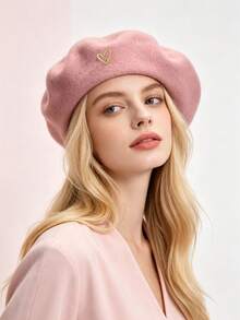 1pc/2pcs Women's Solid Color Wool Warm Beret, French Style Classic Rimless Beret, Suitable For Casual And Party Wear, Metal Heart Decoration, Candy Color Dopamine Style Autumn/Winter Hat - Heart Logo Beret - View 5