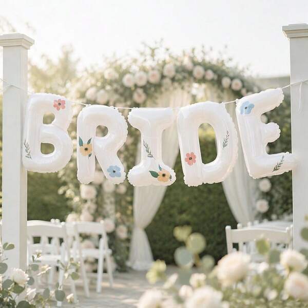 1 Set 16 Inch White BRIDE Letter Foil Balloon Banner With Floral Decorative Elements, Matching Floral Decorative Stickers, Bridal Shower, Bachelorette Party, Wedding Wall Hanging Decoration