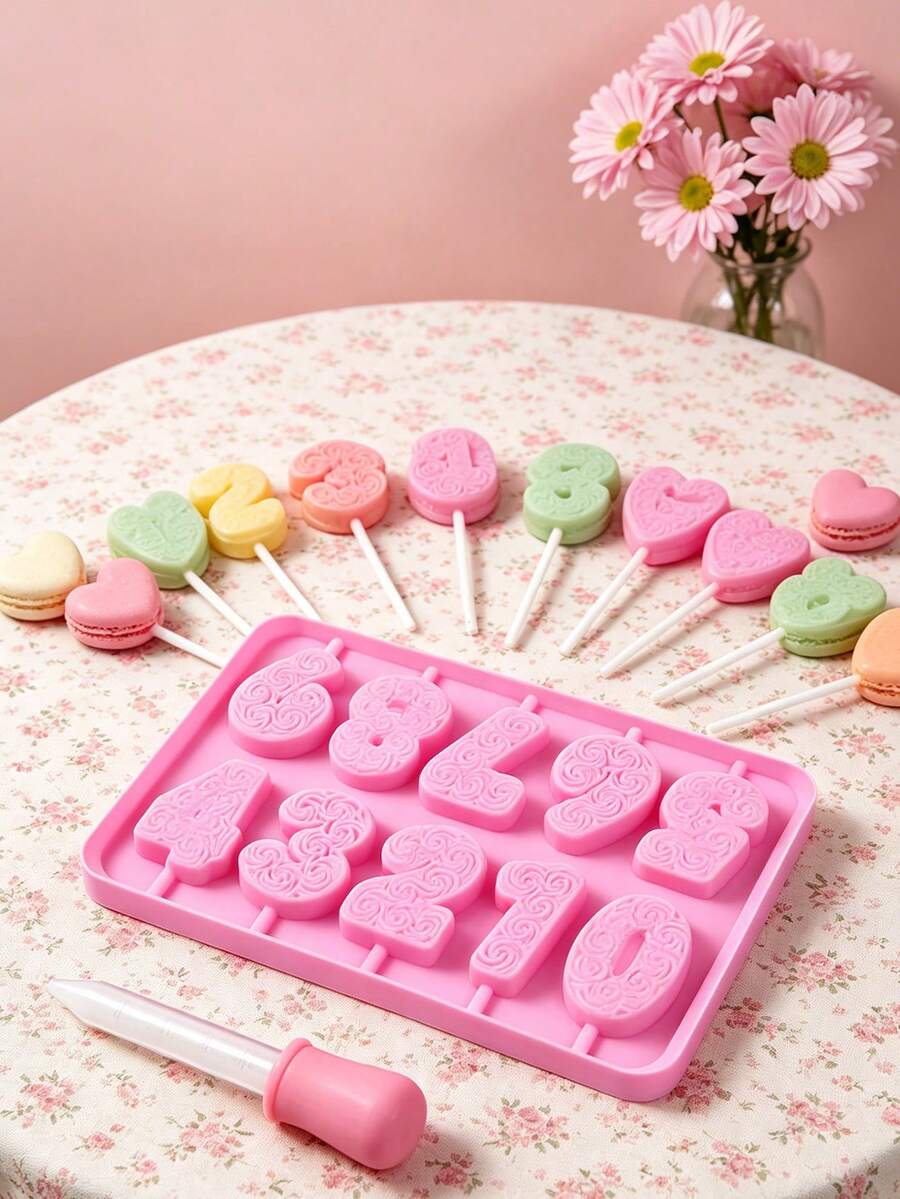 Complete 0-9 Rose Pattern Number Lollipop Silicone Mold 2 Pieces Set, 3D Vintage Carved Birthday Number Chocolate Mold With Dropper, Birthday Number Candy Silicone Baking Pan, Suitable For Birthday Cake Number Toppers, Holiday Celebration Parties, Anniversary Chocolate, Handmade Number Aromatherapy Candles, Cold Process Number Handmade Soap