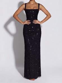 夏季細肩帶時尚綁帶露背亮片高腰抓皺修身黑色長款晚宴派對洋裝 - 黑色 - 查看 6