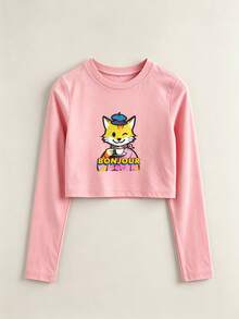 3pcs Tween Girl Light Pink Cropped Long Sleeve Tops DTG Print Hat Fox Lunar Fox Bonjour Tea Fox Dancing Deer Cotton Set - Pink + Pink + Pink - View 2