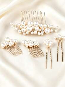 5pcs Elegant Handmade Faux Pearl U-Shaped Hair Combs And Hair Pins Headpiece, For Wedding And Bridal Decoration - Gold - View 8