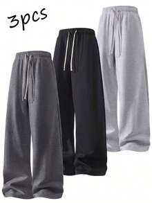 3pcs Men's Casual Fashion Sports Long Pants, Minimalist Solid Color Wide Leg Design, Drawstring Waist, Large Pockets, Suitable For Daily Walking, Work, Travel And Other Occasions - Multicolor - View 2