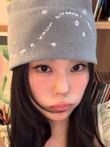 1pc 2026 New Korean Style Embroidered Knit Beanie For Women, Autumn/Winter Versatile, Large Head Circumference, Face-Slimming Skull Cap - Multicolor - View 1