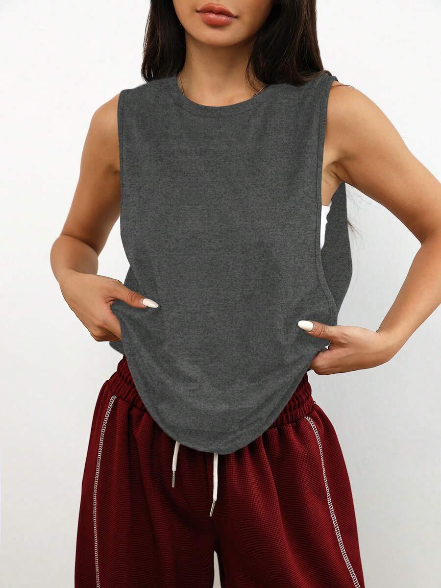 1pc Loose Comfortable Casual Solid Color Sleeveless Pullover Tops, Suitable For Daily, Running, Fitness, Spring/Summer Sports - Flint Stone - View 1