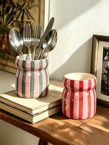 1pc Dual-Color Striped Ceramic Storage Jar, Tableware Organizer, Chopstick Holder, Suitable For Kitchen Storage, Tableware Storage, Home Decor, Back To School Supplies, Holiday Gifts - Multicolor - View 1