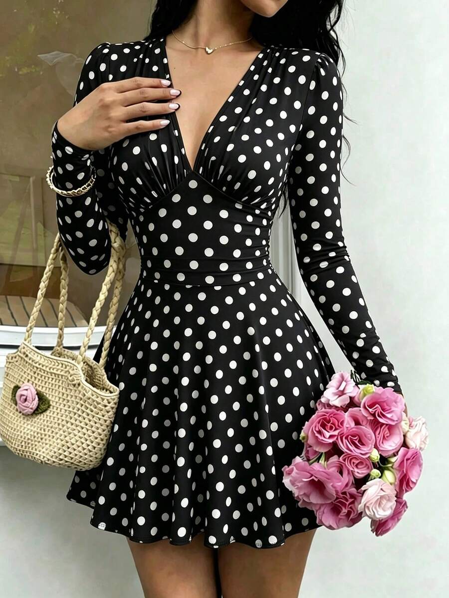 Women's Vintage Polka Dot Deep V-Neck Short Dress, Ruched Long Sleeve A-Line Flared Hem Mini Skirt, Elegant Autumn Fashion - Black - View 1