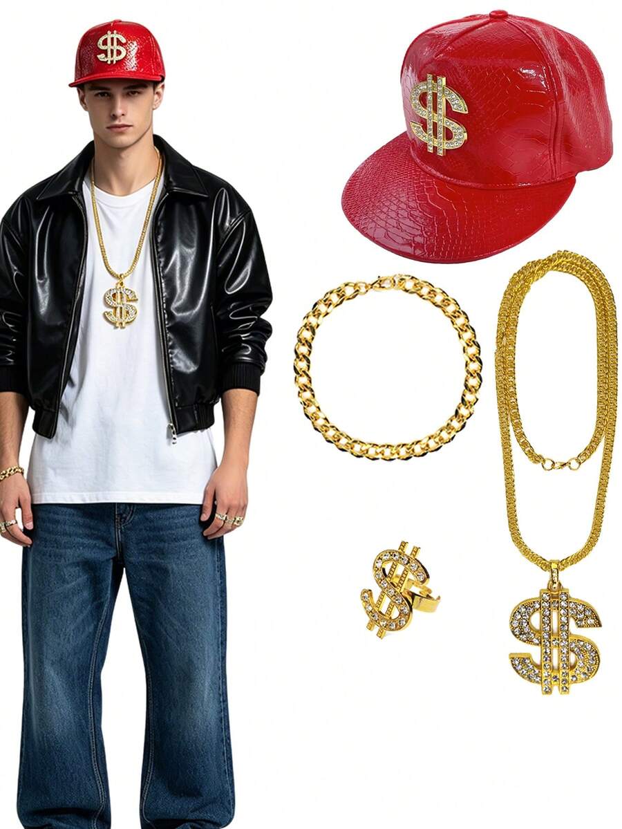 4Pcs D EXCEED 80s 90s Hip Hop Costumes Outfit Kit Fake Gold Chain Necklace Dollar Sign Cap Jewelry Set Rapper Accessories