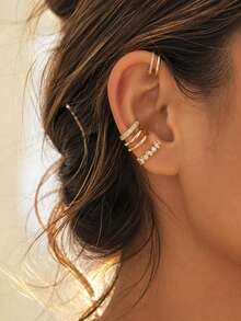 3pcs/Set (Single Ear) Fashion Women's Clip-On Earrings, Exquisite Star And Geometric Hoop Fake Earrings, Suitable For Party And Daily Wear, All Seasons, Convenient Clip-On Design - Gold - View 4