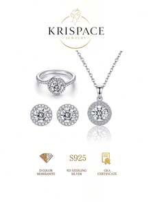 3pcs/Set S925 Sterling Silver Round Halo Moissanite Women's Jewelry Set, Pendant Necklace, Earrings And Ring, Wedding Jewelry, Anniversary Gift For Her - Silver - View 1