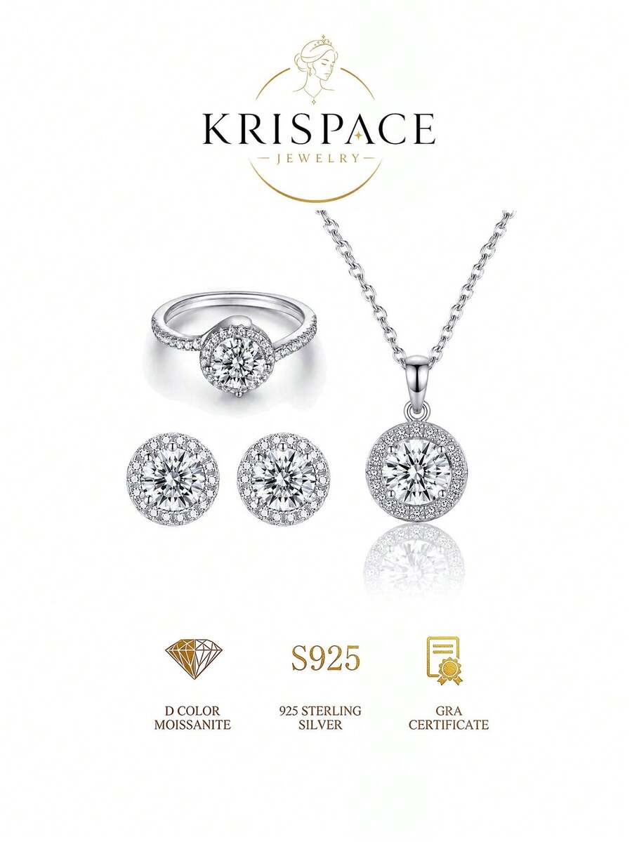 3pcs/Set S925 Sterling Silver Round Halo Moissanite Women's Jewelry Set, Pendant Necklace, Earrings And Ring, Wedding Jewelry, Anniversary Gift For Her - Silver - View 1