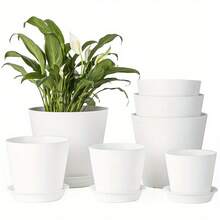 7-Pack White And Black Plastic Plant Pots, Multi-Size Flower Pots With Trays - A - View 6